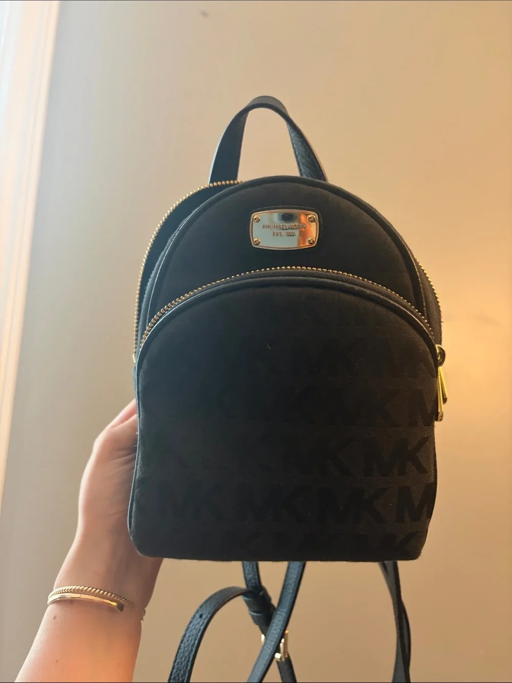 Michael Kors Black Logo Mini Backpack with Gold Hardware